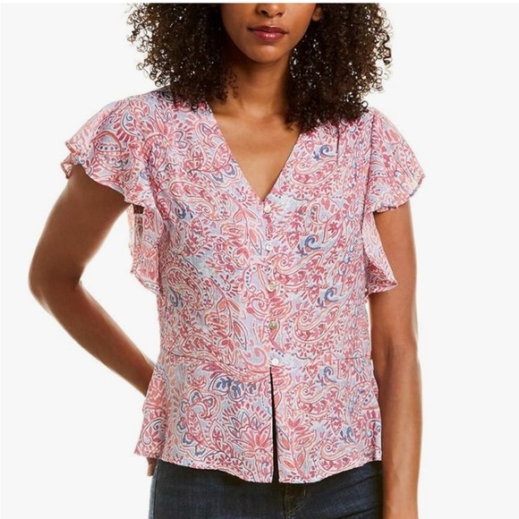 Nanette Lepore Paisley Ruffle-Sleeve Peplum Blouse Sz Large - Picture 1 of 9